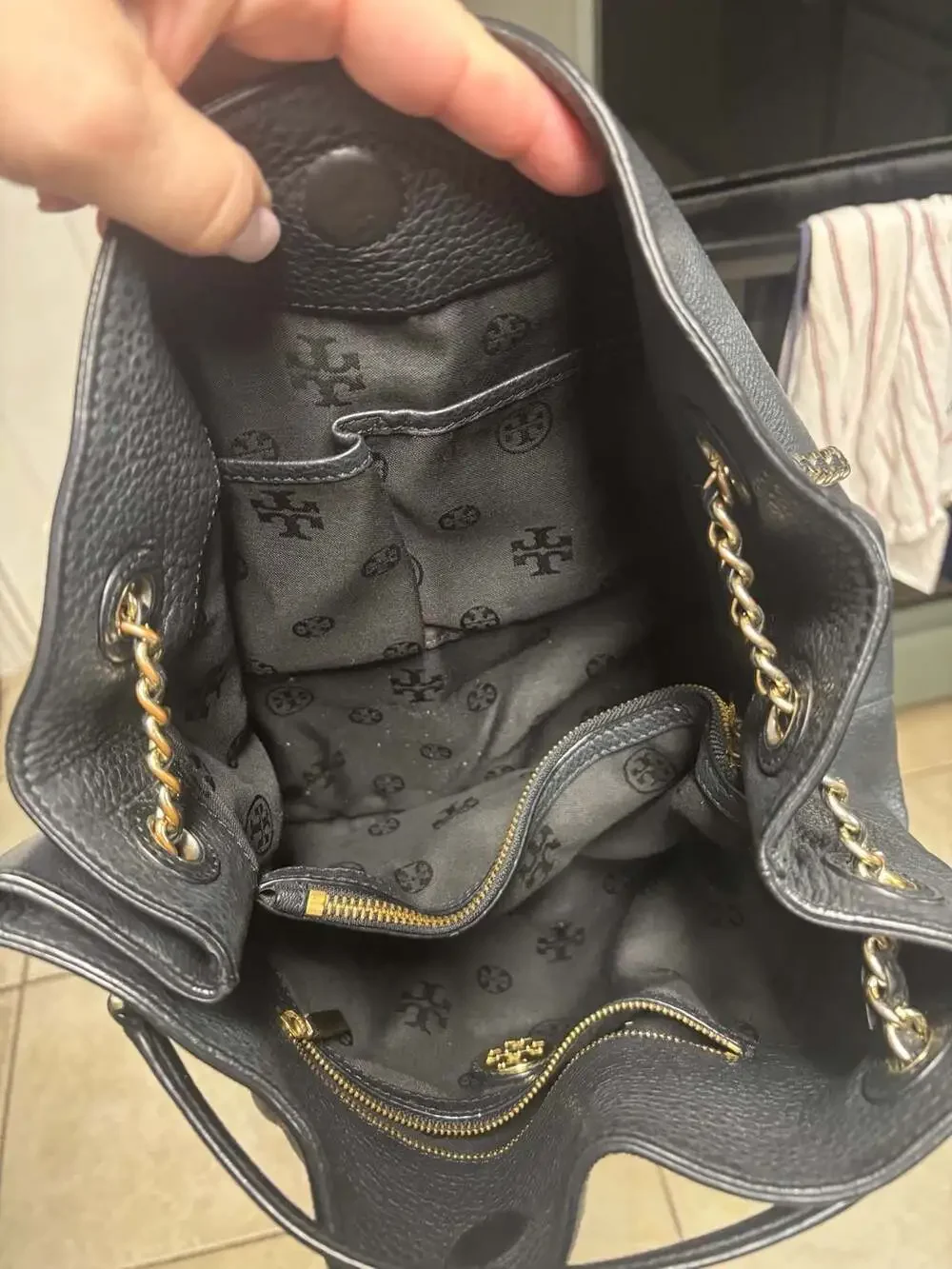 Tory Burch Thea Black Pebble Leather Chain Shoulder Tote with Tassels